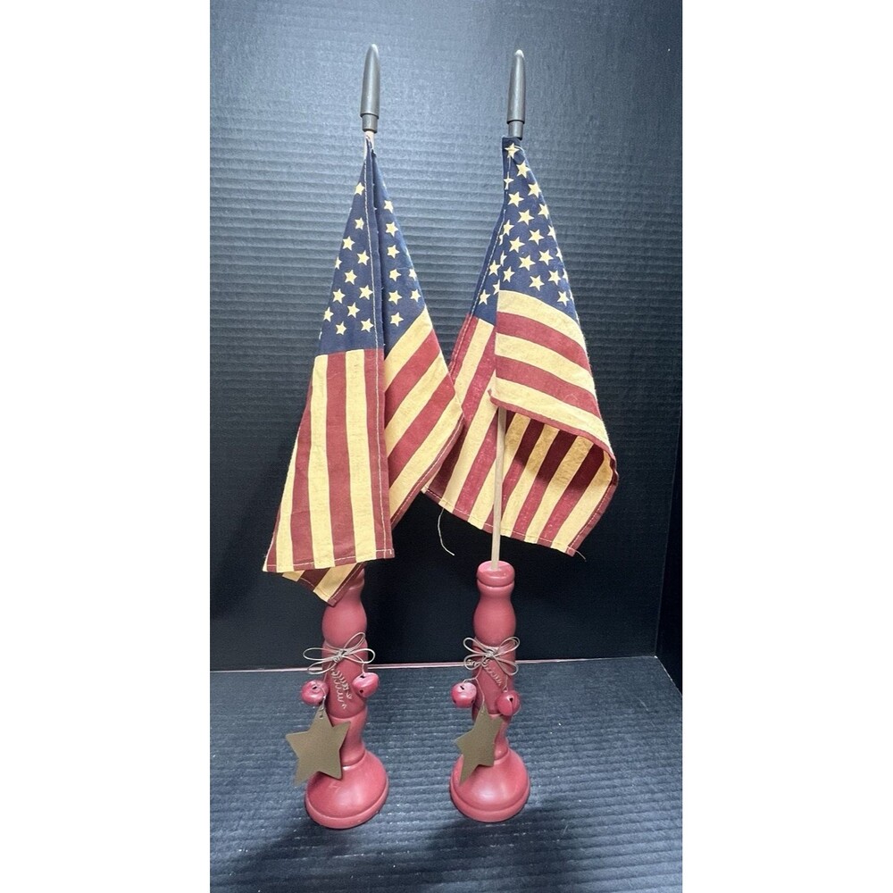 Pair Of 22-inch Rustic Americana Wood Spindle American Flag Small Round Red Base